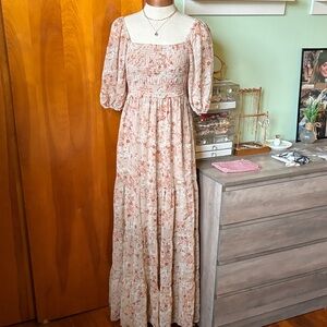 Light Brown Tan Floral Smocked Maxi Dress  Reflective Gold Patterns